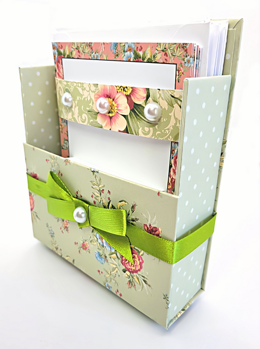 42-Pc Stationery Gift Box Set w/Reusable Desktop Organizer Box and Gold Pen - Coral Pink & Sage Green Floral