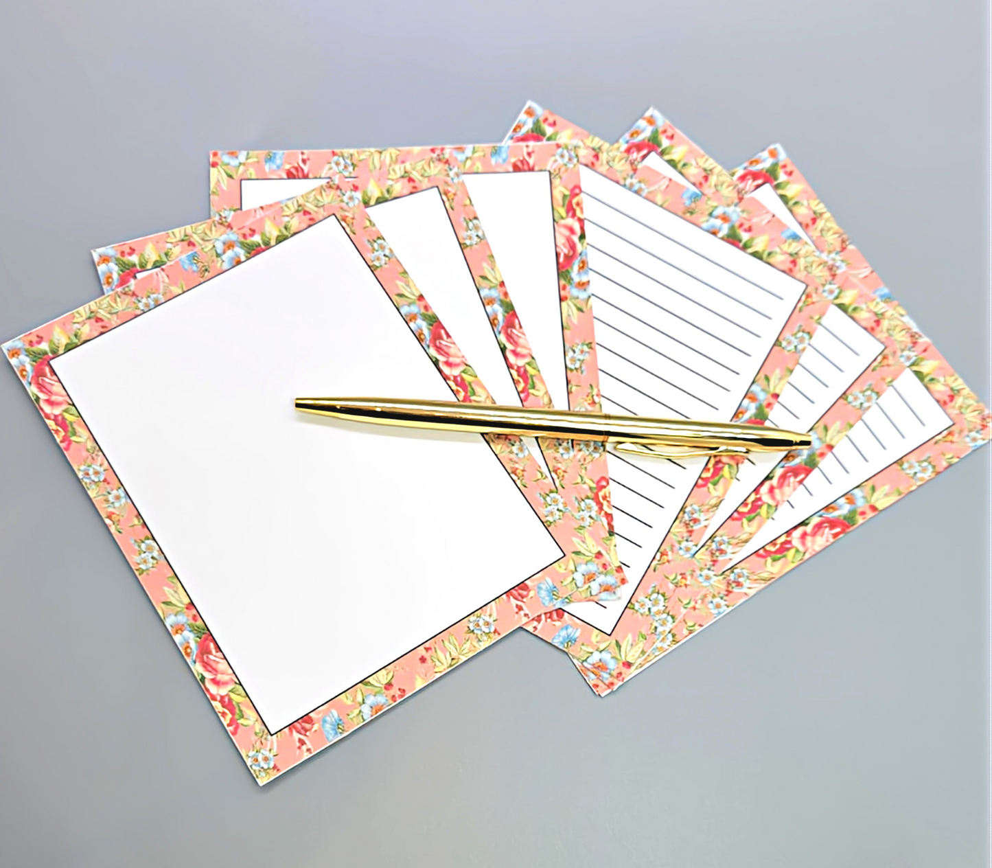 42-Pc Stationery Gift Box Set w/Reusable Desktop Organizer Box and Gold Pen - Coral Pink & Sage Green Floral