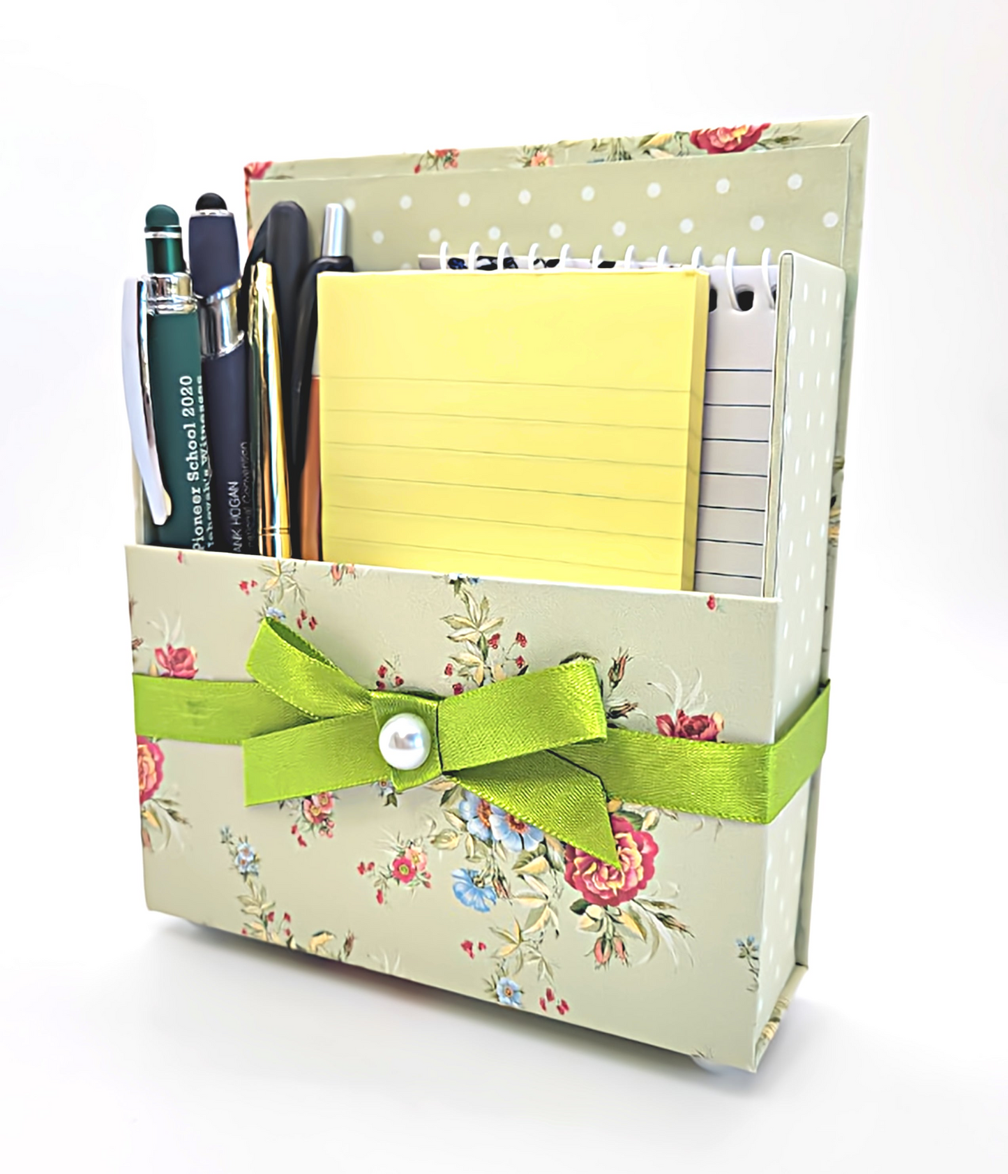 42-Pc Stationery Gift Box Set w/Reusable Desktop Organizer Box and Gold Pen - Coral Pink & Sage Green Floral