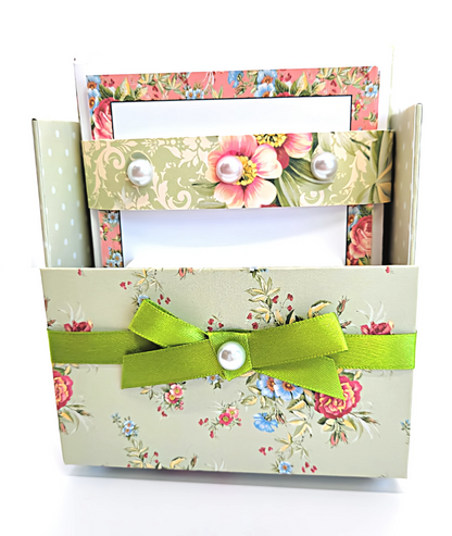 42-Pc Stationery Gift Box Set w/Reusable Desktop Organizer Box and Gold Pen - Coral Pink & Sage Green Floral