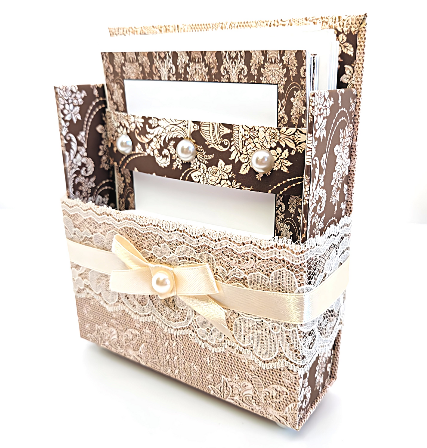 42-Pc Stationery Gift Box Set w/Reusable Desktop Organizer Box and Gold Pen - Ivory & Brown Vintage Lace