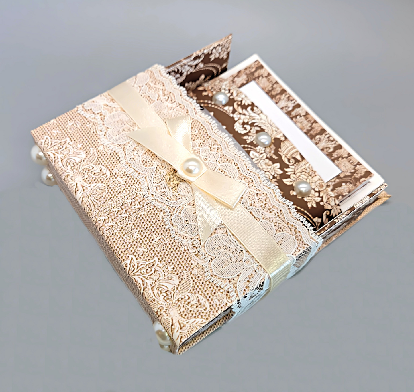 42-Pc Stationery Gift Box Set w/Reusable Desktop Organizer Box and Gold Pen - Ivory & Brown Vintage Lace