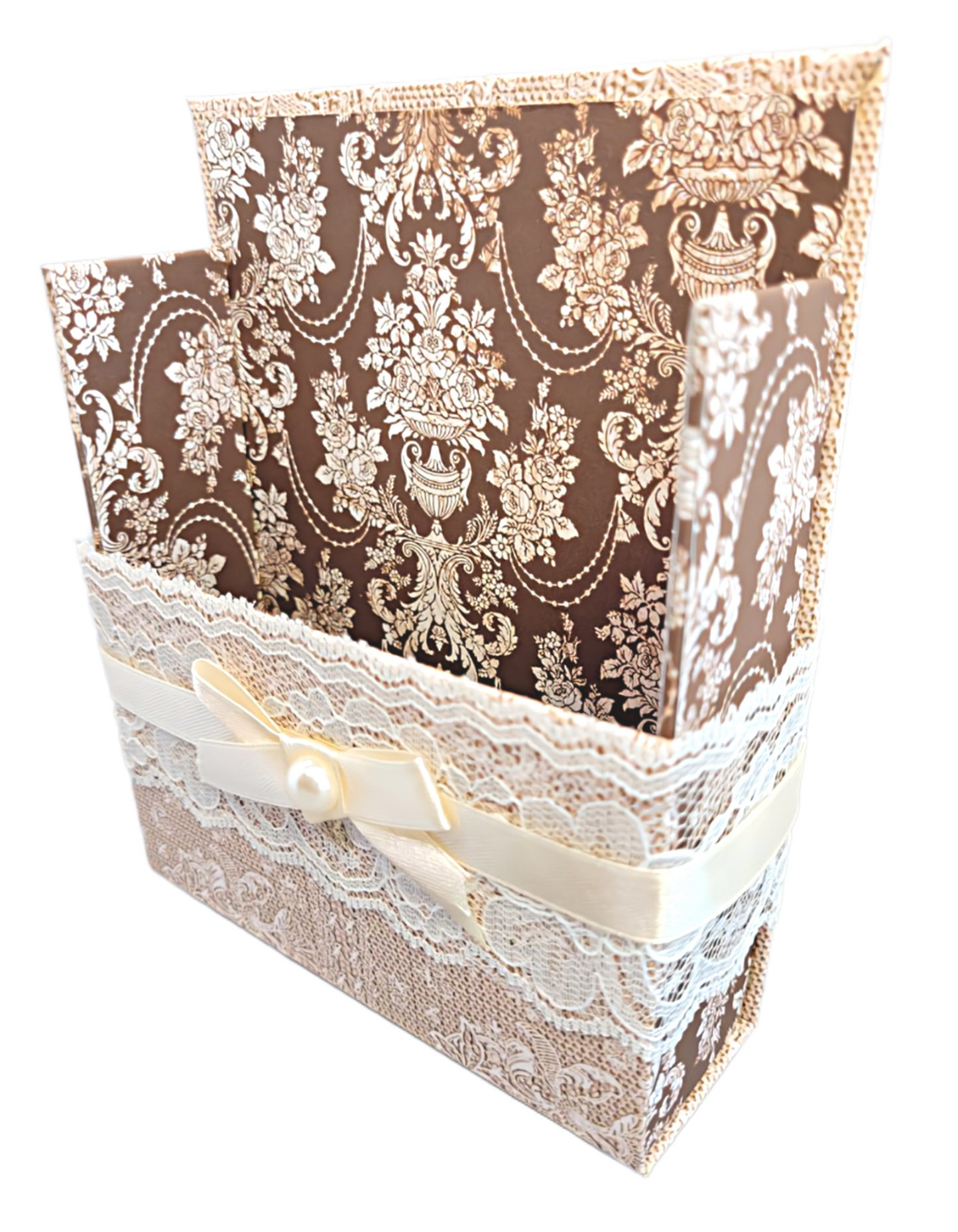 42-Pc Stationery Gift Box Set w/Reusable Desktop Organizer Box and Gold Pen - Ivory & Brown Vintage Lace