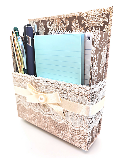 42-Pc Stationery Gift Box Set w/Reusable Desktop Organizer Box and Gold Pen - Ivory & Brown Vintage Lace