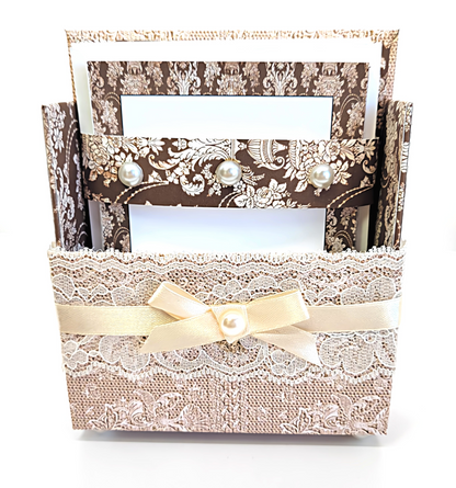 42-Pc Stationery Gift Box Set w/Reusable Desktop Organizer Box and Gold Pen - Ivory & Brown Vintage Lace