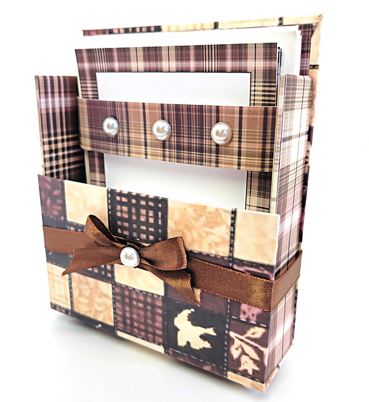 42-Pc Stationery For Him Gift Box Set w/Reusable Desktop Organizer Box and Gold Pen - Brown, Ivory & Pink Plaid