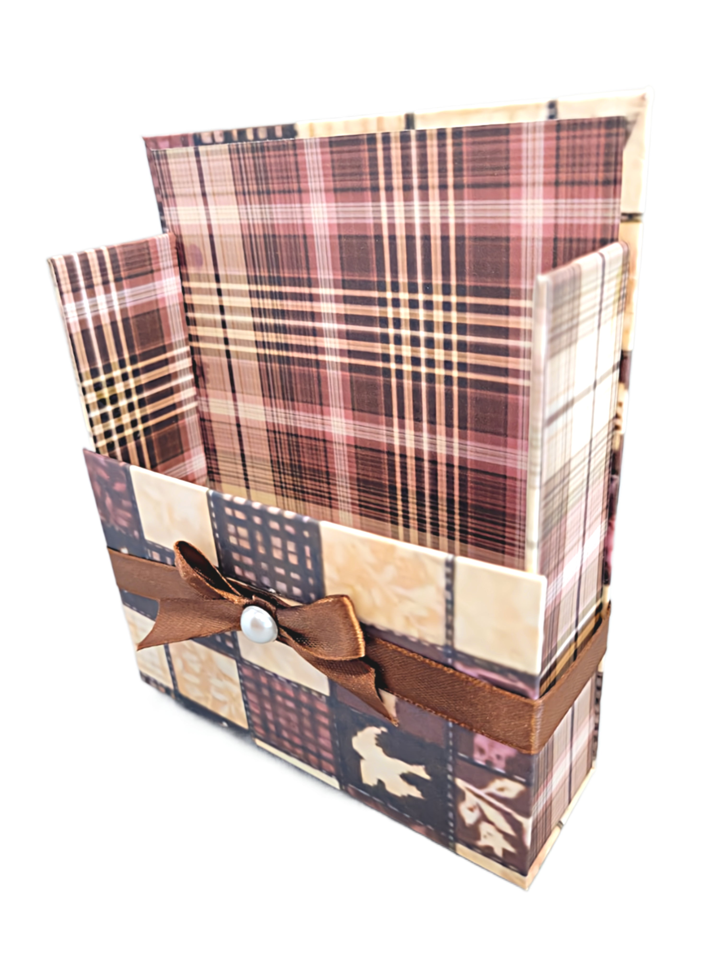 42-Pc Stationery For Him Gift Box Set w/Reusable Desktop Organizer Box and Gold Pen - Brown, Ivory & Pink Plaid