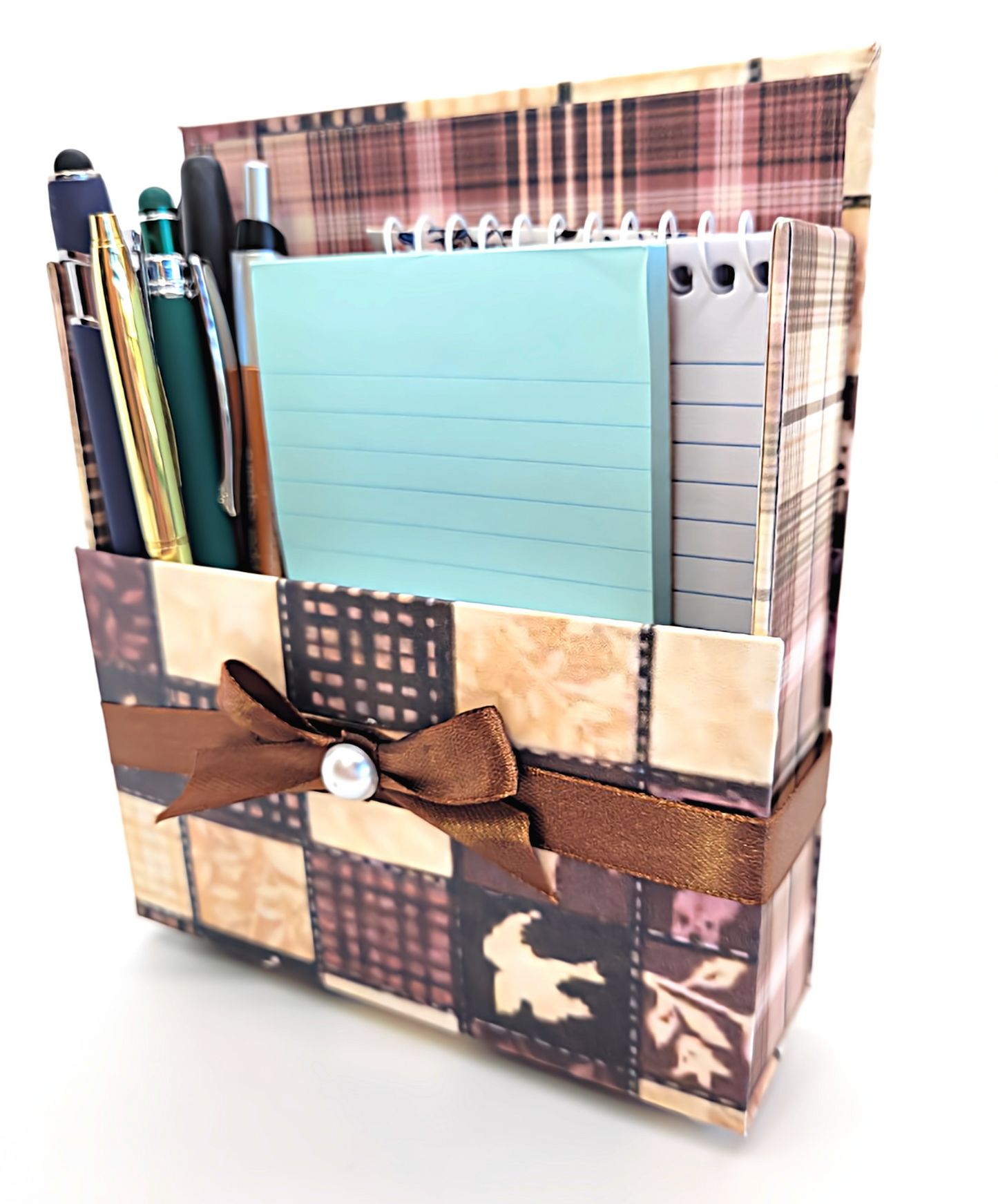 42-Pc Stationery For Him Gift Box Set w/Reusable Desktop Organizer Box and Gold Pen - Brown, Ivory & Pink Plaid