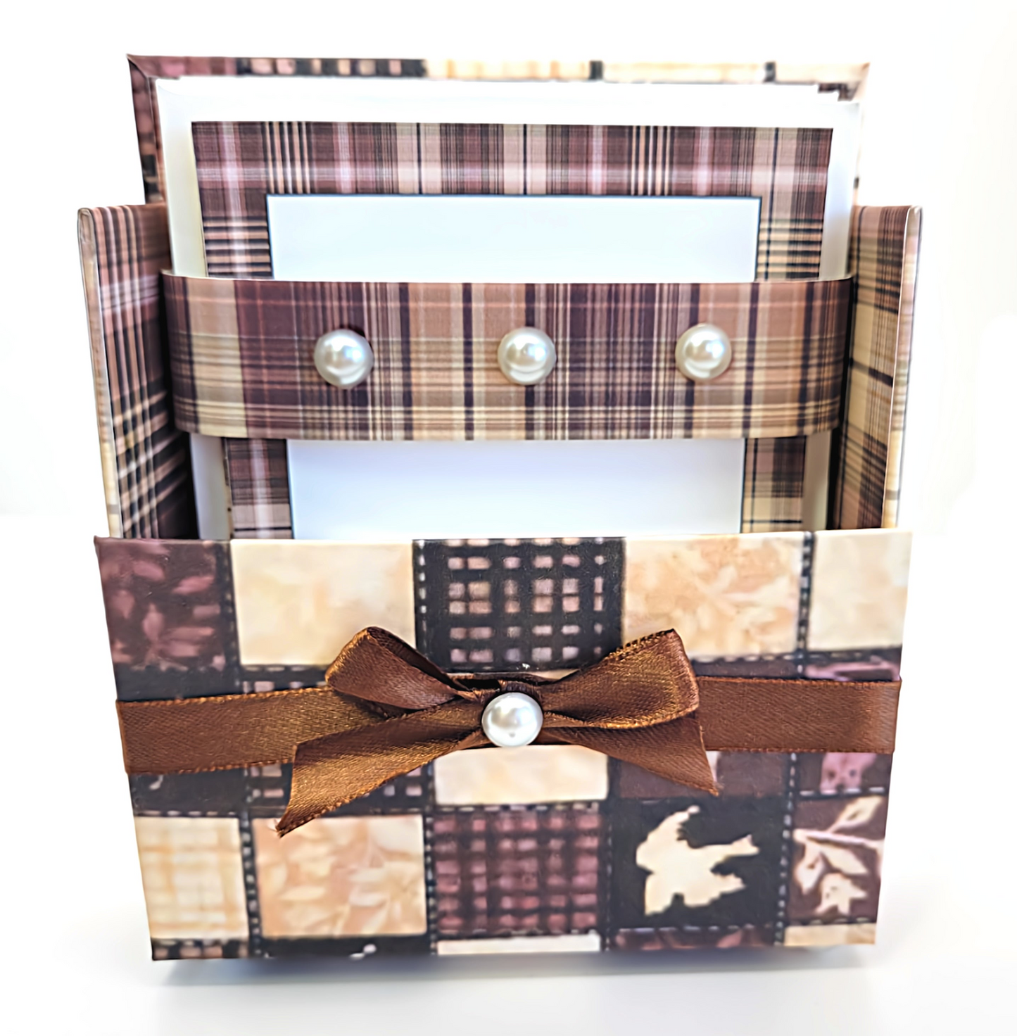 42-Pc Stationery For Him Gift Box Set w/Reusable Desktop Organizer Box and Gold Pen - Brown, Ivory & Pink Plaid