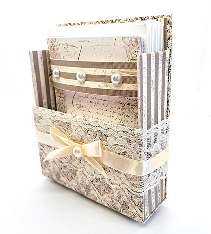 42-Pc Stationery Gift Box Set w/Reusable Desktop Organizer Box and Gold Pen - Vintage Letters & Ivory Lace)