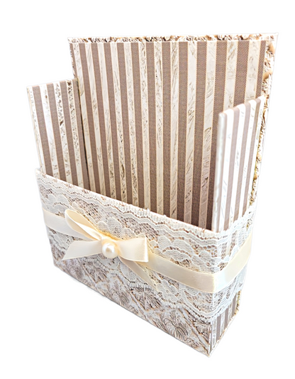 42-Pc Stationery Gift Box Set w/Reusable Desktop Organizer Box and Gold Pen - Vintage Letters & Ivory Lace)