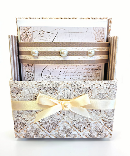 42-Pc Stationery Gift Box Set w/Reusable Desktop Organizer Box and Gold Pen - Vintage Letters & Ivory Lace)