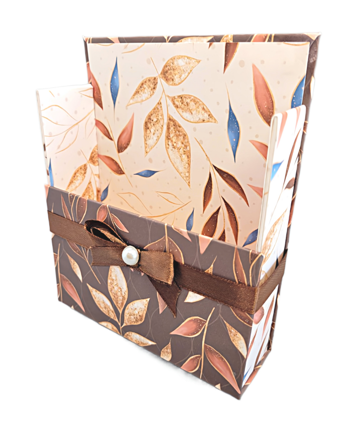 42-Pc Stationery Gift Box Set w/Reusable Desktop Organizer Box and Gold Pen - Blue, Brown & Gold Leaves