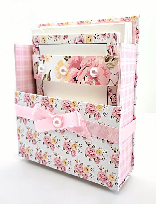 42-Pc Stationery Gift Box Set w/Reusable Desktop Organizer Box and Gold Pen - Pink & Yellow Posies