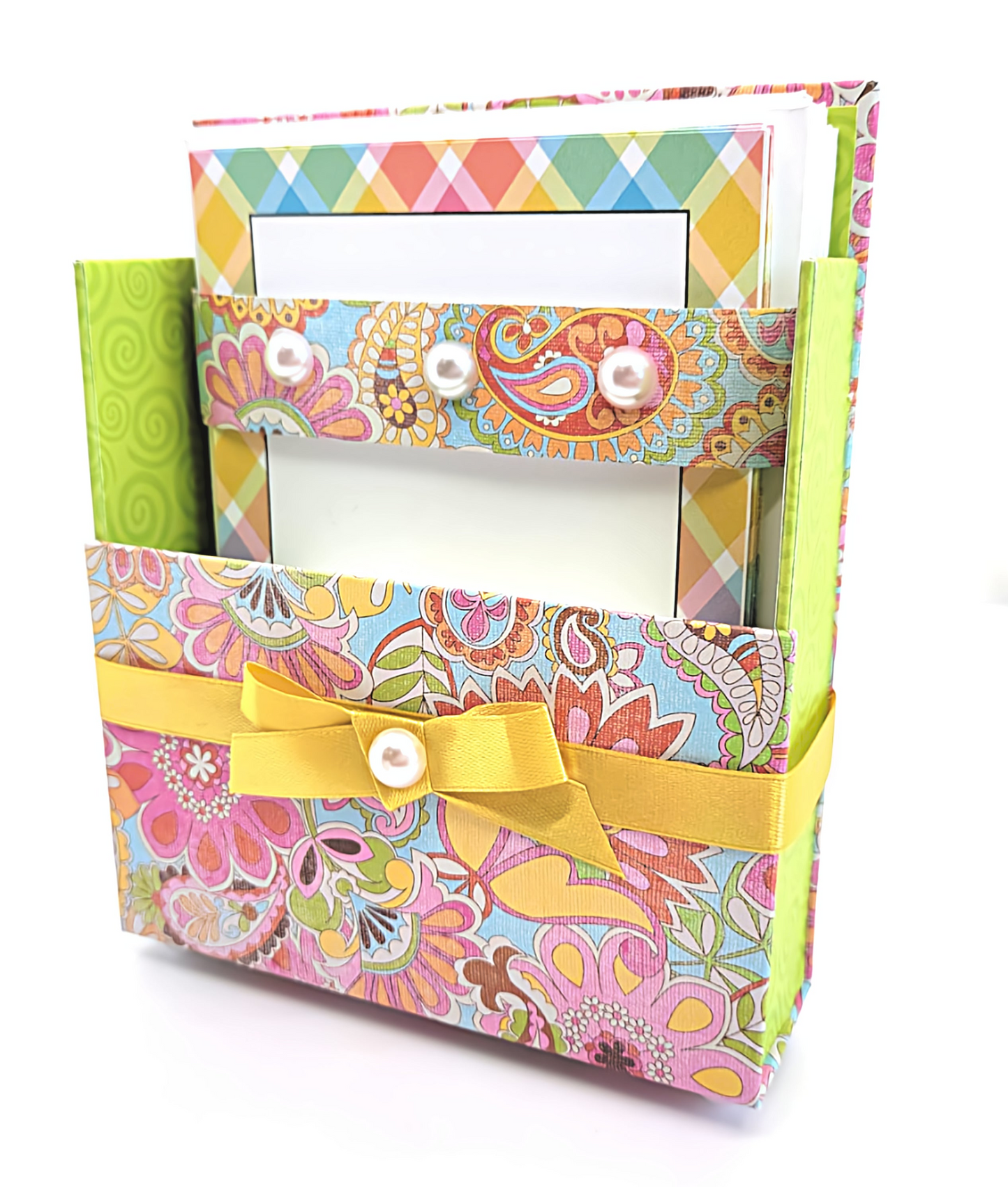 42-Pc Stationery Gift Box Set w/Reusable Desktop Organizer Box and Gold Pen - Pink, Orange & Yellow Paisley