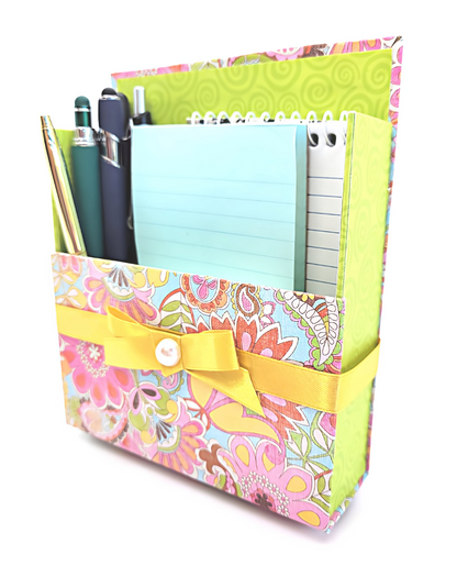 42-Pc Stationery Gift Box Set w/Reusable Desktop Organizer Box and Gold Pen - Pink, Orange & Yellow Paisley