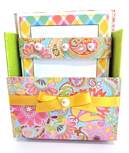 42-Pc Stationery Gift Box Set w/Reusable Desktop Organizer Box and Gold Pen - Pink, Orange & Yellow Paisley