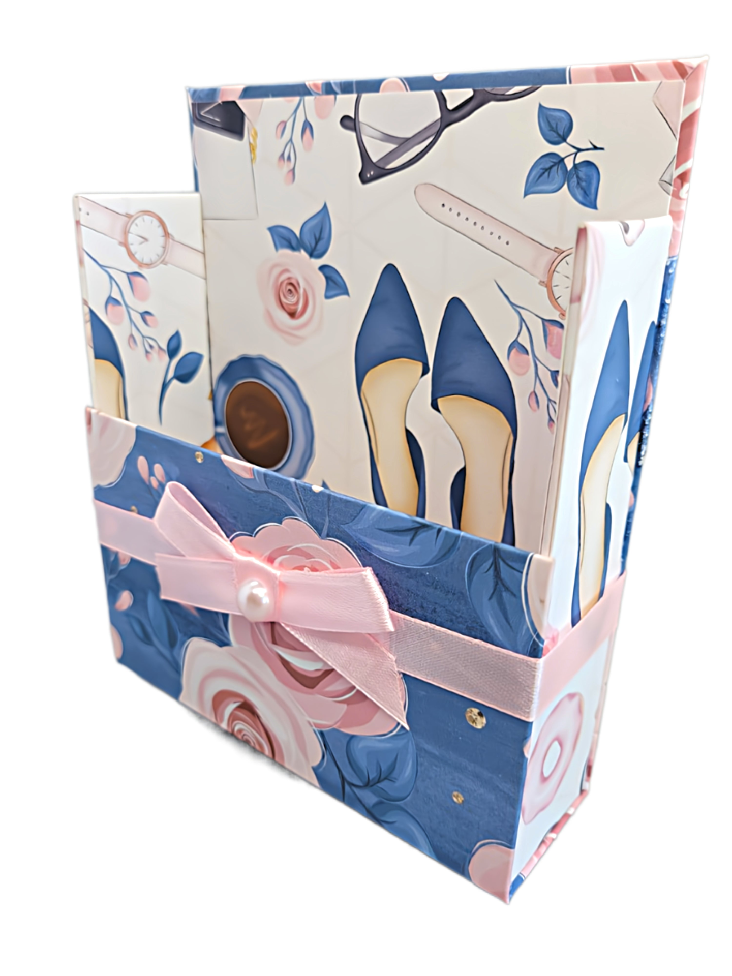 42-Pc Stationery Gift Box Set w/Reusable Desktop Organizer Box and Gold Pen - Pink & Blue Floral Roses