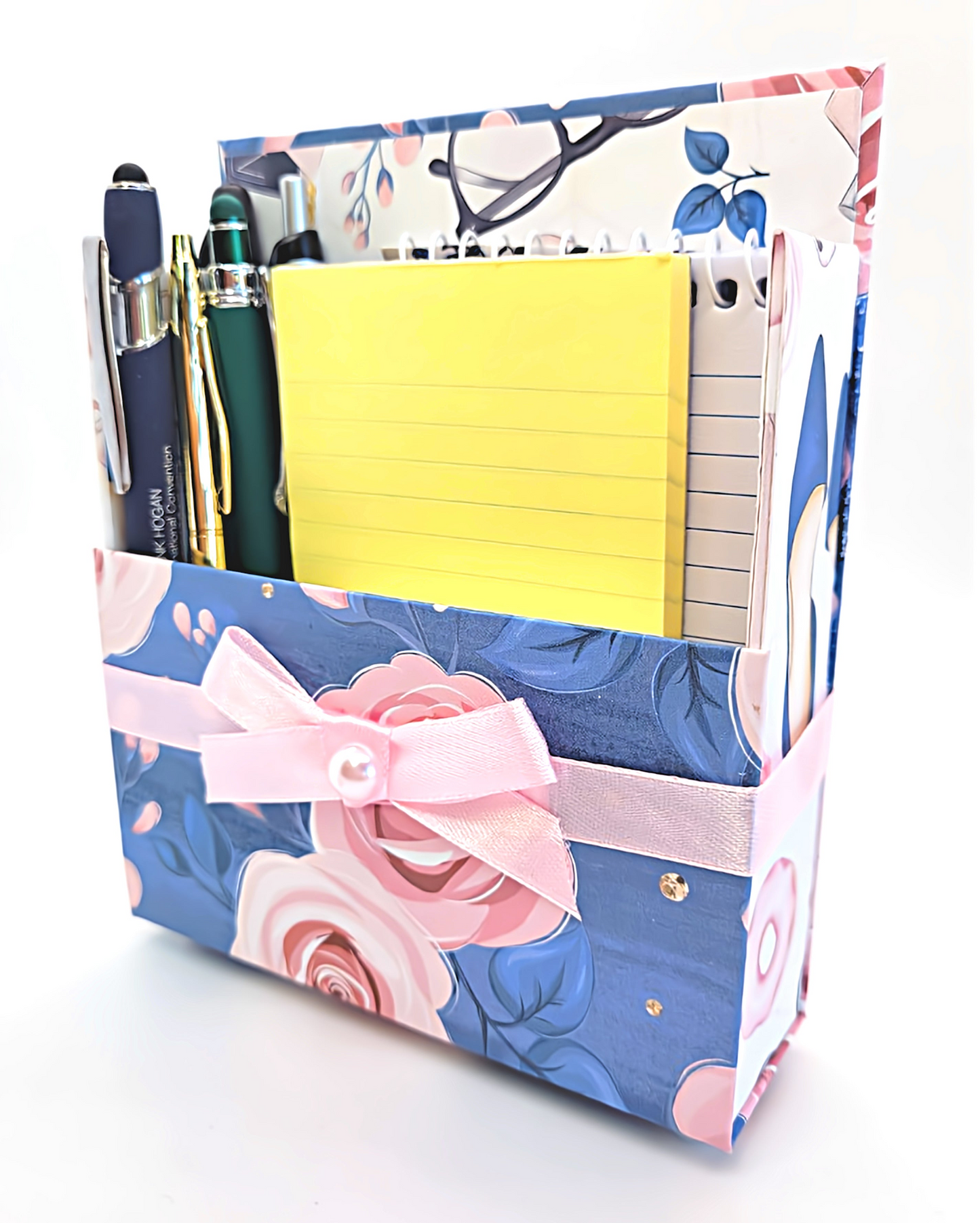 42-Pc Stationery Gift Box Set w/Reusable Desktop Organizer Box and Gold Pen - Pink & Blue Floral Roses