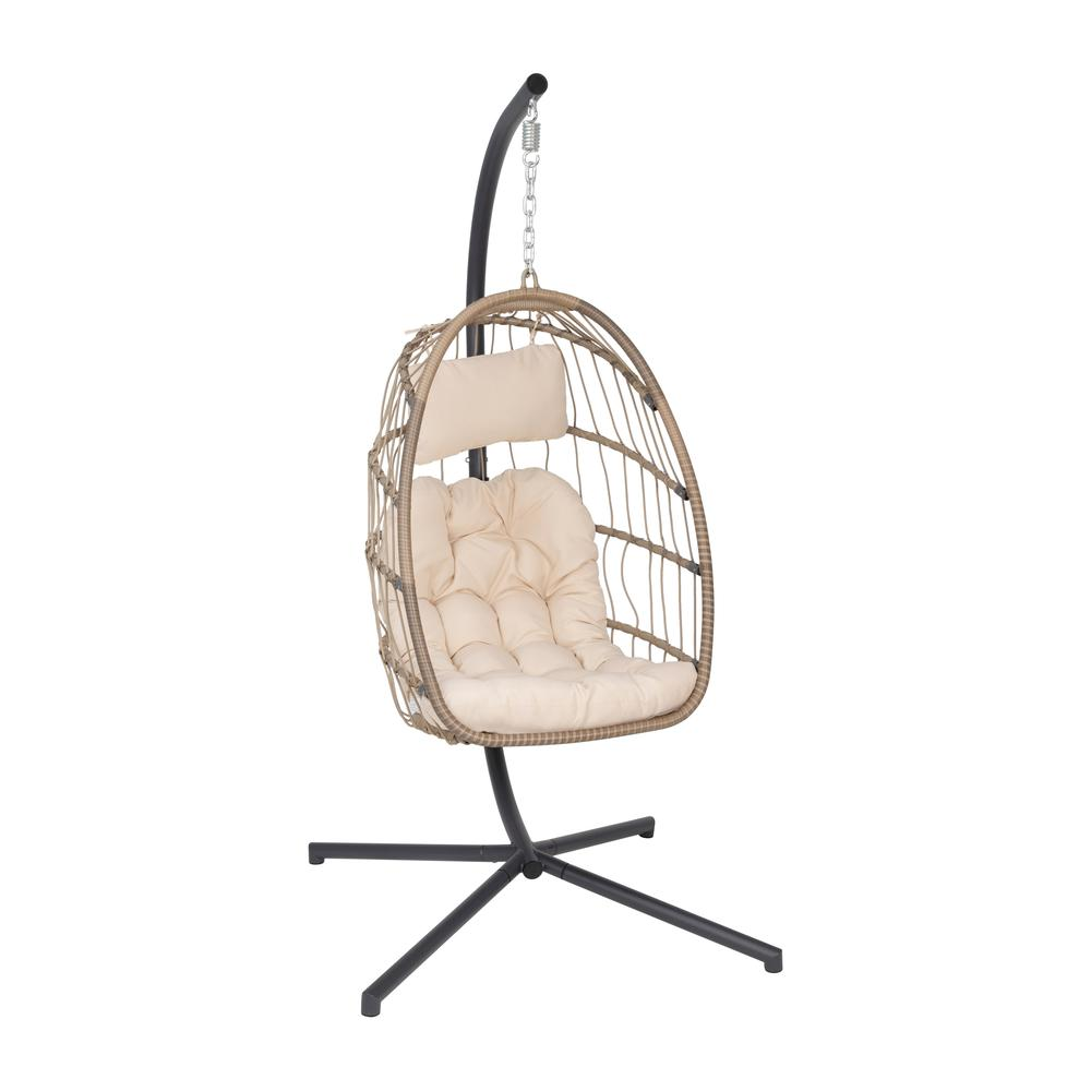 Cleo Patio Hanging Egg Chair, Wicker Hammock with Soft Seat Cushions & Swing Stand, Indoor/Outdoor Natural Frame-Cream Cushions