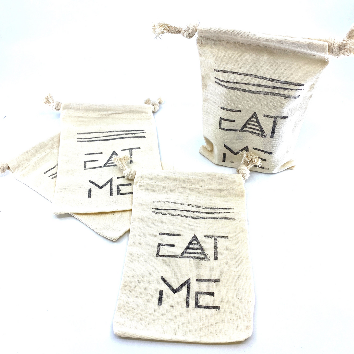 Hand Stamped, Eat Me, Cotton Drawstring Pouches 4" x 6"