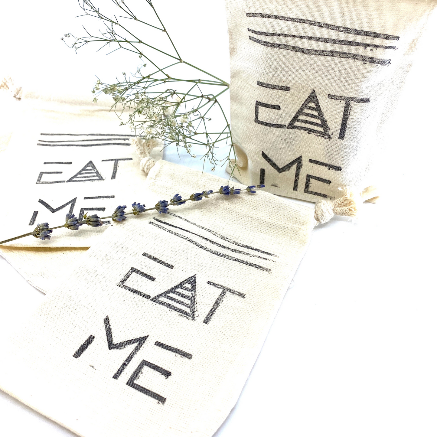 Hand Stamped, Eat Me, Cotton Drawstring Pouches 4" x 6"