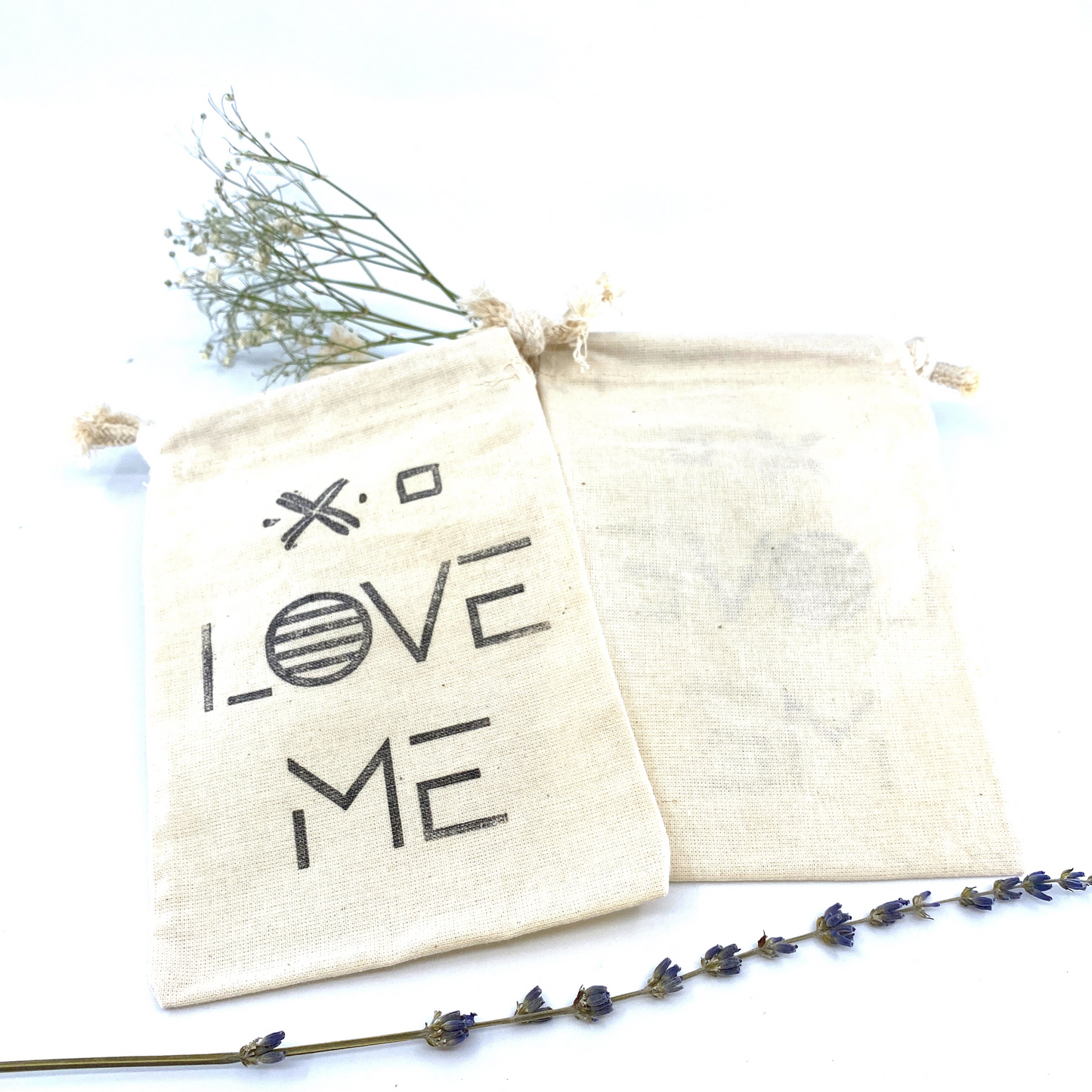 Hand Stamped, Love Me, Cotton Drawstring Pouches 4" x 6"