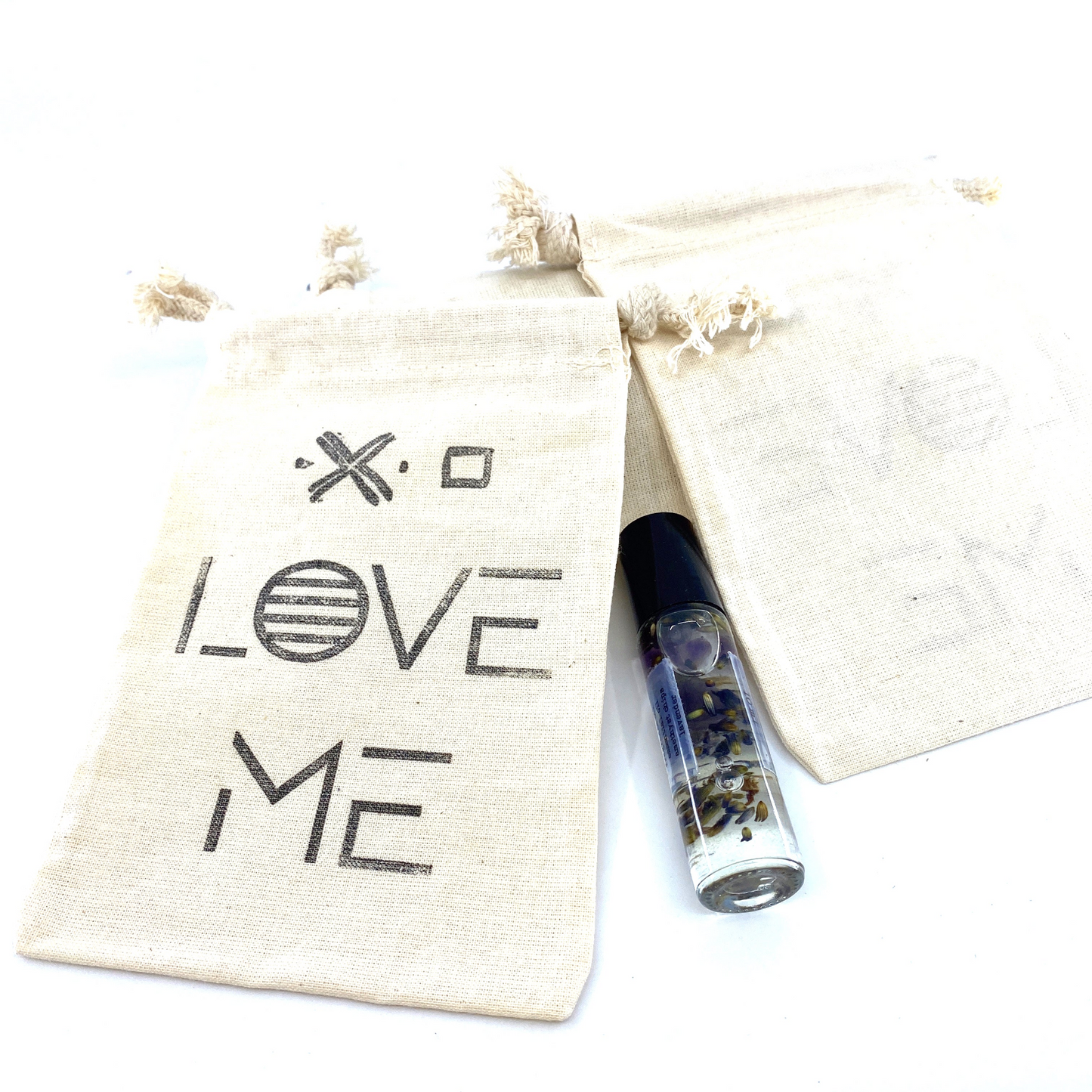 Hand Stamped, Love Me, Cotton Drawstring Pouches 4" x 6"