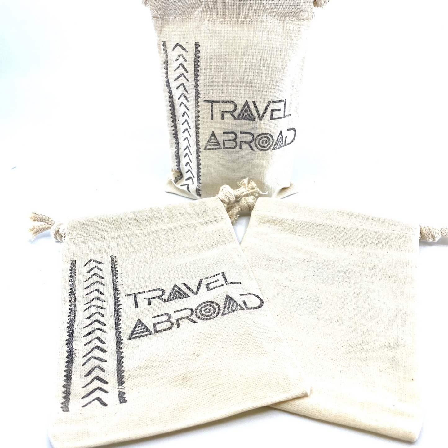 Hand Stamped, Travel Abroad, Cotton Drawstring Pouches 4" x 6"