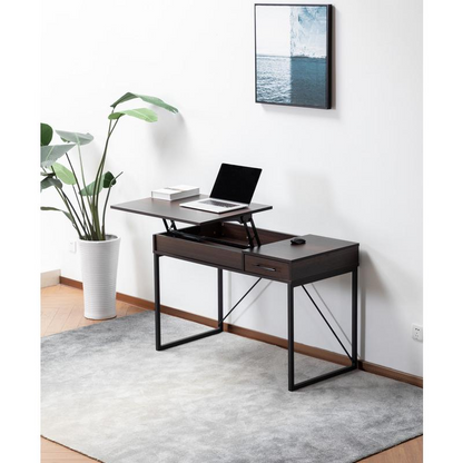 Juno Dark Brown Wood Lift Top Desk with Hidden Storage and Drawer