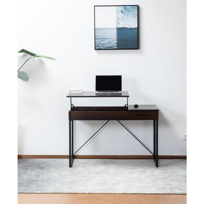 Juno Dark Brown Wood Lift Top Desk with Hidden Storage and Drawer