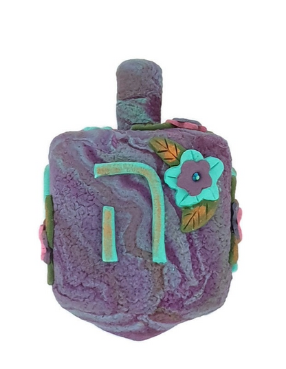 Judaica Hanukkah Purple Floral Dreidel Turquoise Letters