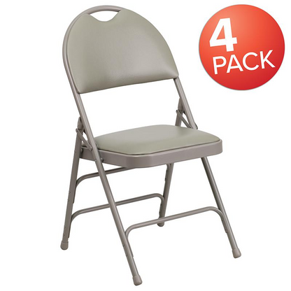 4 Pk. HERCULES Series Ultra-Premium Triple Braced Gray Vinyl Metal Folding Chair with Easy-Carry Handle