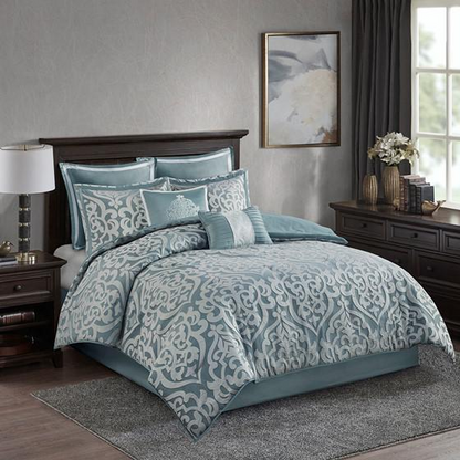 8 Piece Jacquard Comforter Set, Aqua, 90x90x1.5