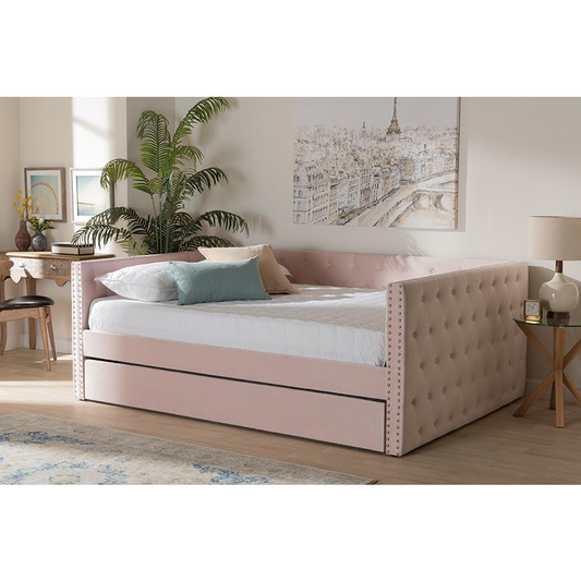 Baxton Studio Larkin Modern and Contemporary Pink Velvet Fabric Upholstered Full Size Daybed with Trundle