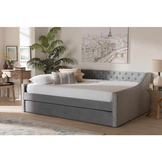 Baxton Studio Raphael Modern and Contemporary Grey Velvet Fabric Upholstered Full Size Daybed with Trundle