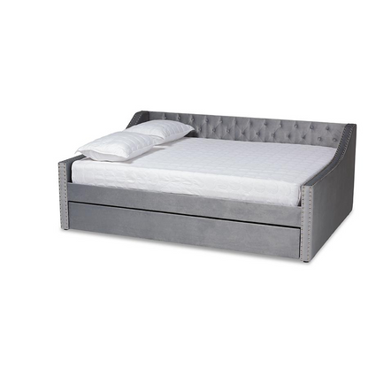 Baxton Studio Raphael Modern and Contemporary Grey Velvet Fabric Upholstered Full Size Daybed with Trundle