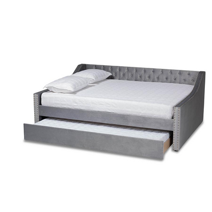 Baxton Studio Raphael Modern and Contemporary Grey Velvet Fabric Upholstered Full Size Daybed with Trundle