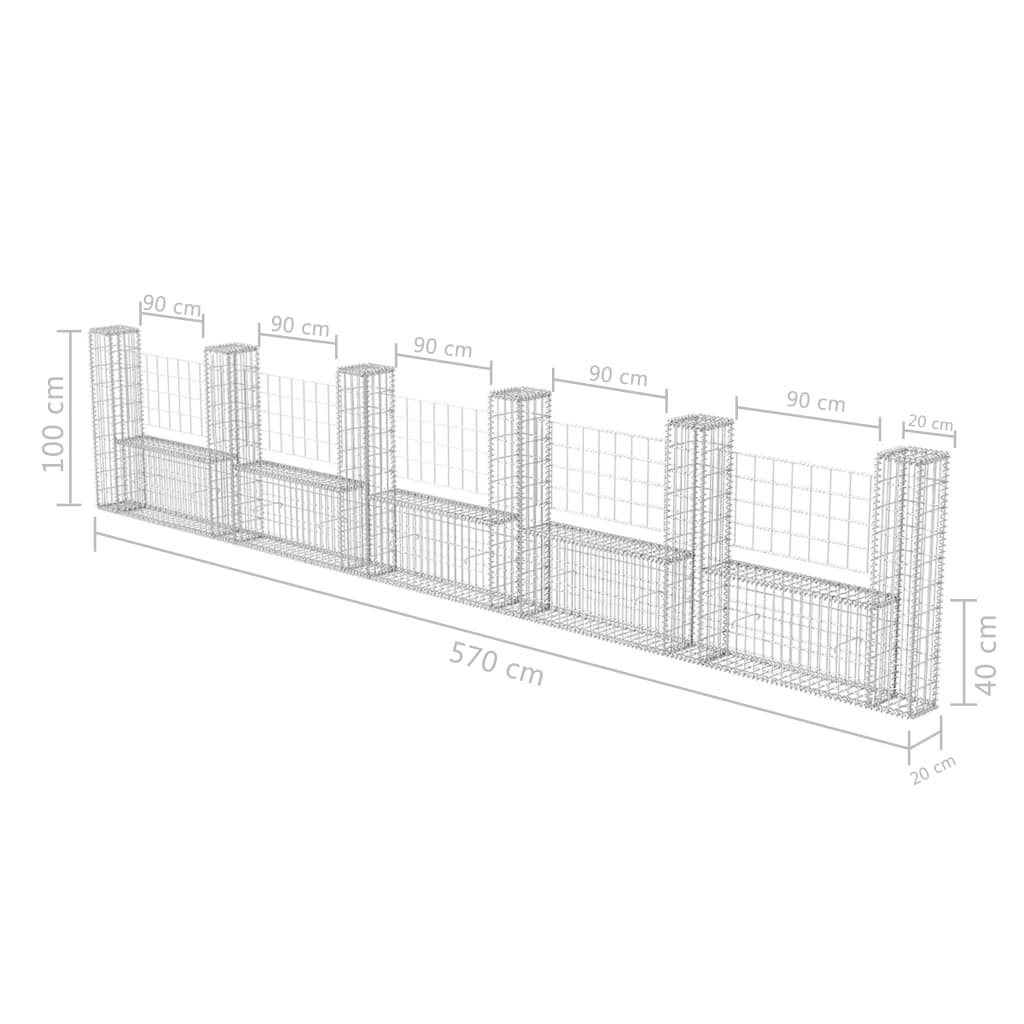 vidaXL Gabion Basket U-Shape Galvanized Steel 224.4"x7.9"x39.4"