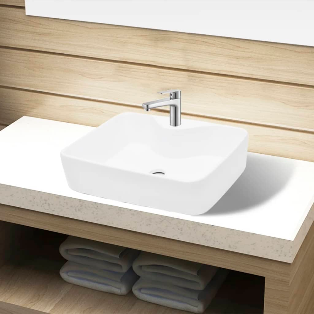 vidaXL Ceramic Bathroom Sink Basin with Faucet Hole White Square