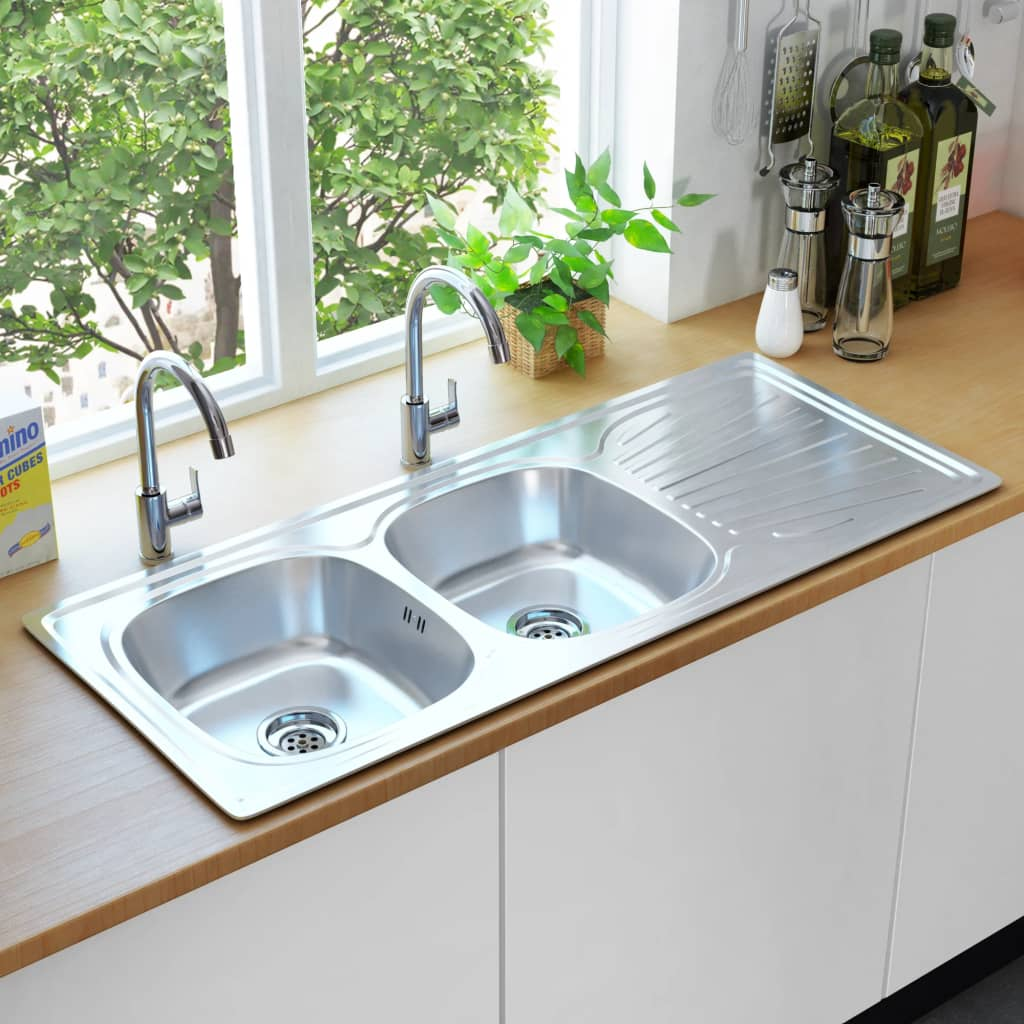 vidaXL Kitchen Sink Double Basin with Strainer & Trap Stainless Steel