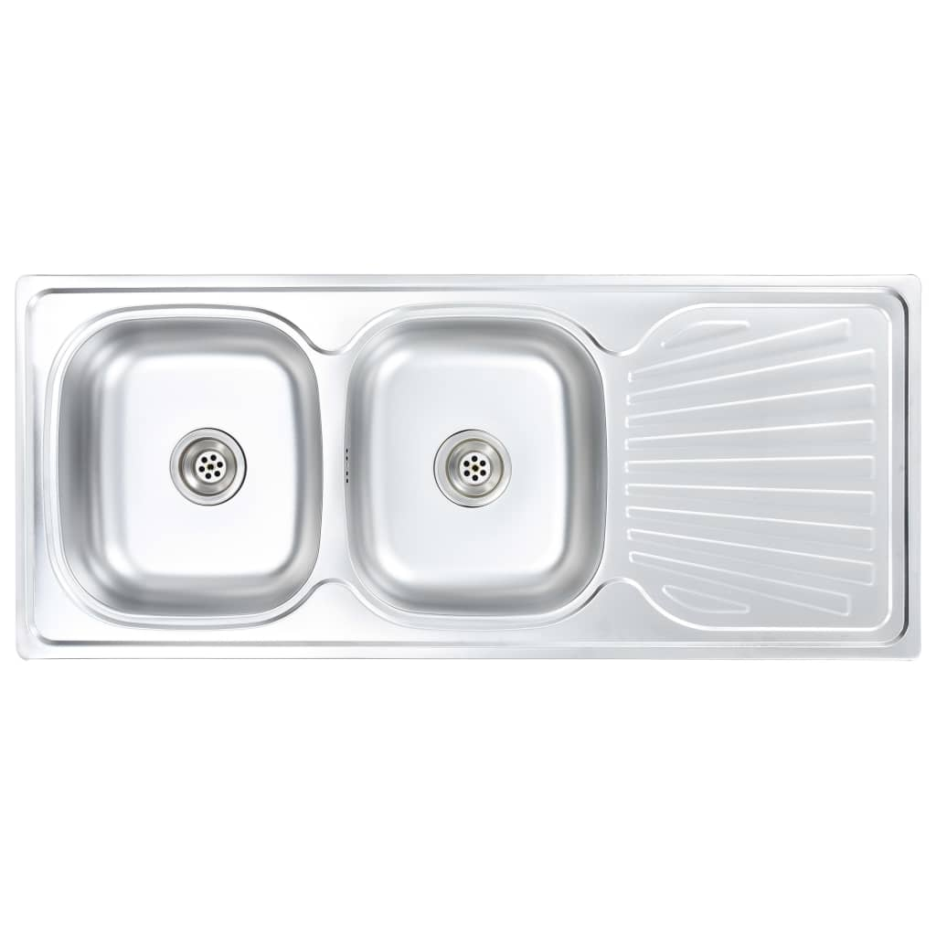 vidaXL Kitchen Sink Double Basin with Strainer & Trap Stainless Steel