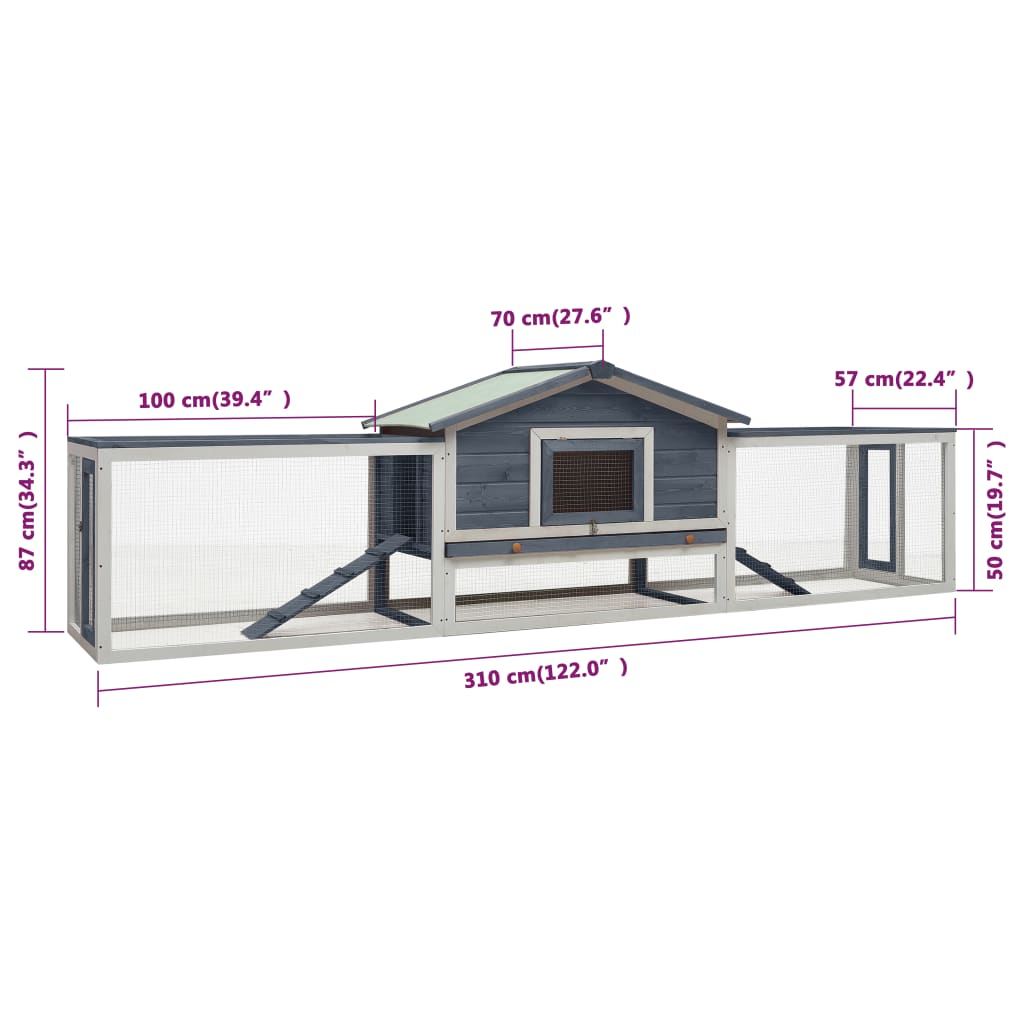 vidaXL Rabbit Hutch Gray 122"x27.6"x34.3" Solid Pine & Fir Wood