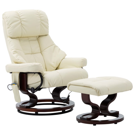 vidaXL Massage Recliner with Ottoman Cream Faux Leather and Bentwood