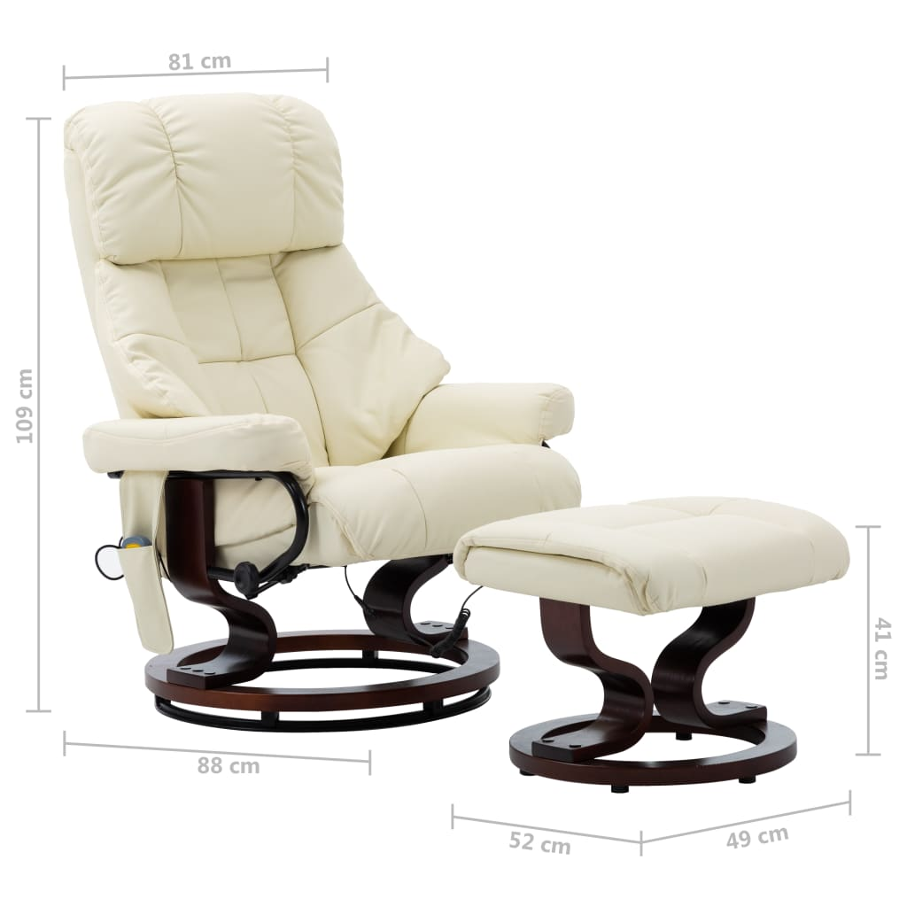 vidaXL Massage Recliner with Ottoman Cream Faux Leather and Bentwood