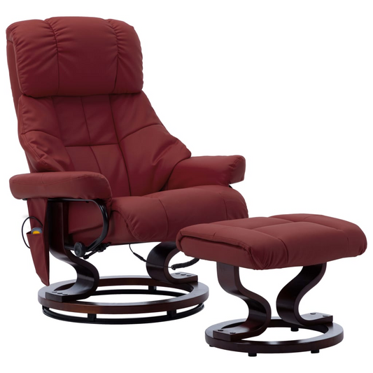 vidaXL Massage Recliner with Ottoman Wine Red Faux Leather and Bentwood