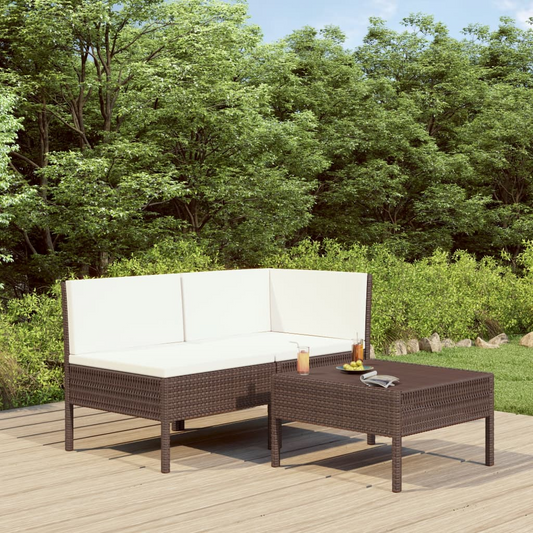 vidaXL 3 Piece Patio Lounge Set with Cushions Poly Rattan Brown