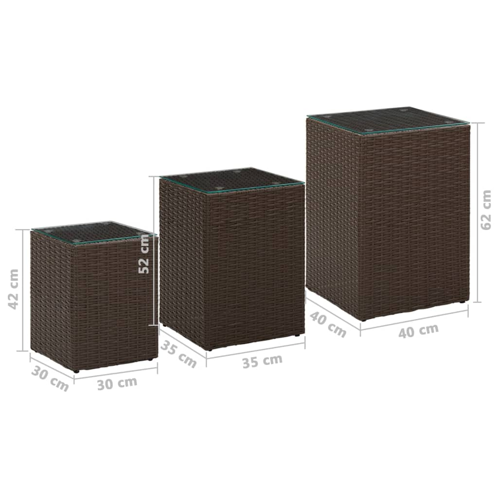 vidaXL Side Tables 3 pcs with Glass Top Brown Poly Rattan