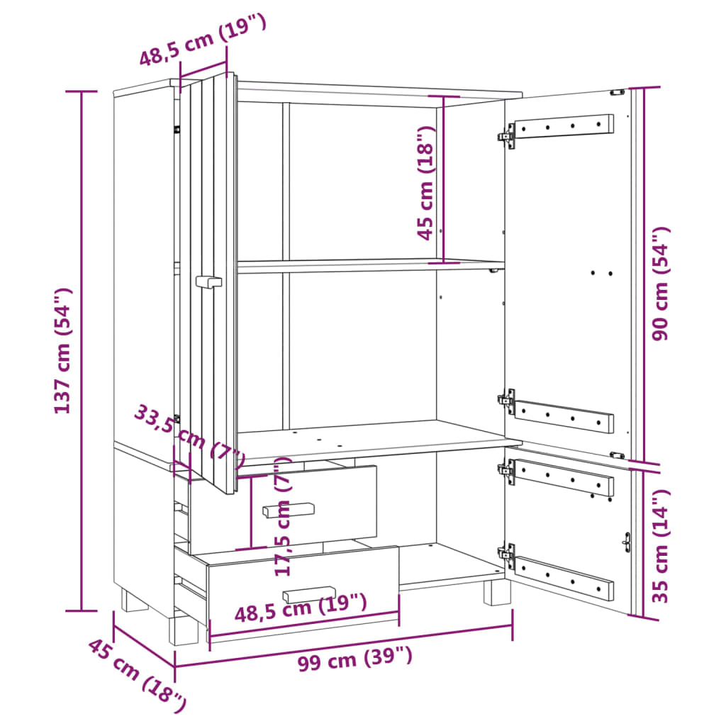 vidaXL Wardrobe HAMAR Light Gray 39"x17.7"x53.9" Solid Wood Pine