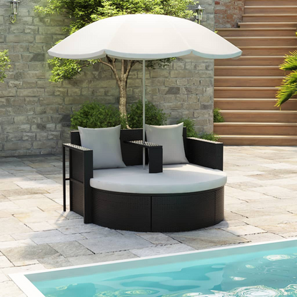 vidaXL Patio Bed with Parasol Black Poly Rattan